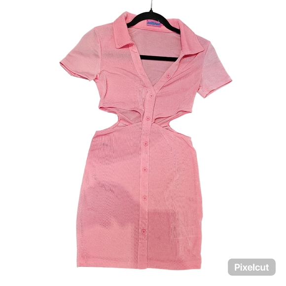 Edikted pink cutout short sleeve collar button bodycon mini dress size S US - Picture 6 of 6